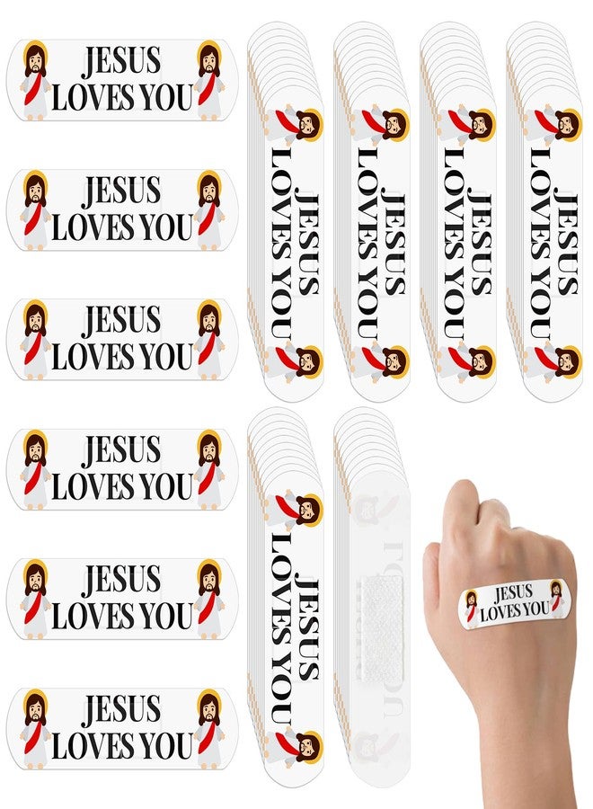AKAIXI 60pcs Jesus Bandages, 2.83x0.75in Jesus Loves You Waterproof PE Adhesive Bandage for Minor Wound Care, Comfortable Hypoallergenic Bandages, Sunday School Supplies for Family Women Men, Latex Free - Image 1